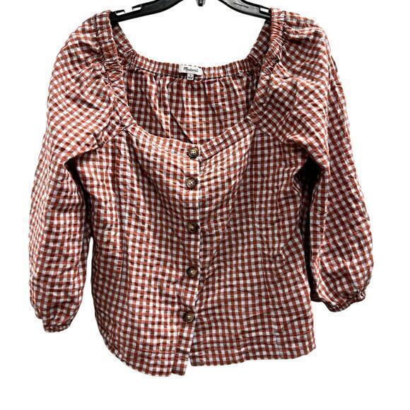 Madewell Tops - MADEWELL cotton gingham check orange gray milkmaid square neck cottagecore sz S